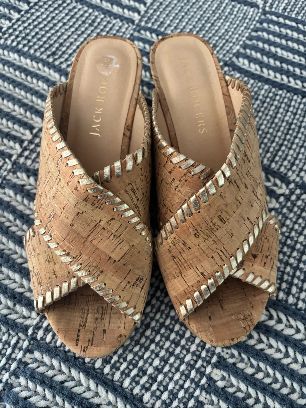 Jack Rogers Mid Wedge Cross Strap Sandals Cork Slide Tan Gold Whip Stitch 9.5